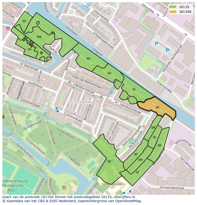 Afbeelding van het postcodegebied 1813 SK op de kaart.
