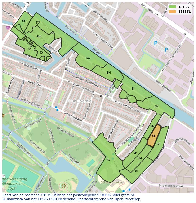 Afbeelding van het postcodegebied 1813 SL op de kaart.