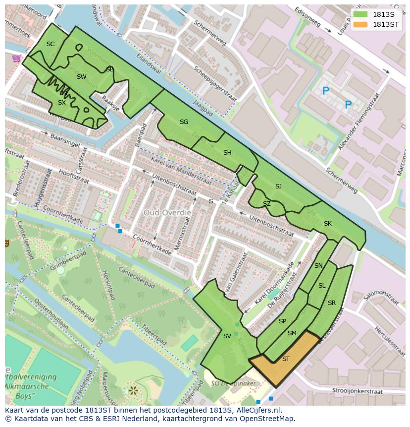 Afbeelding van het postcodegebied 1813 ST op de kaart.