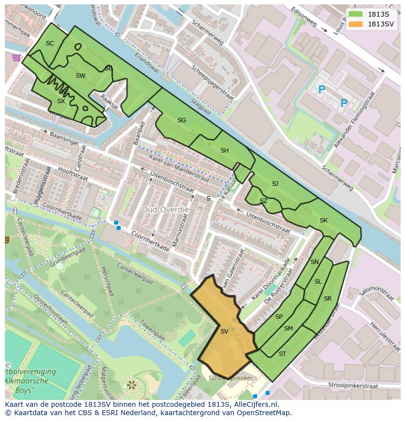 Afbeelding van het postcodegebied 1813 SV op de kaart.