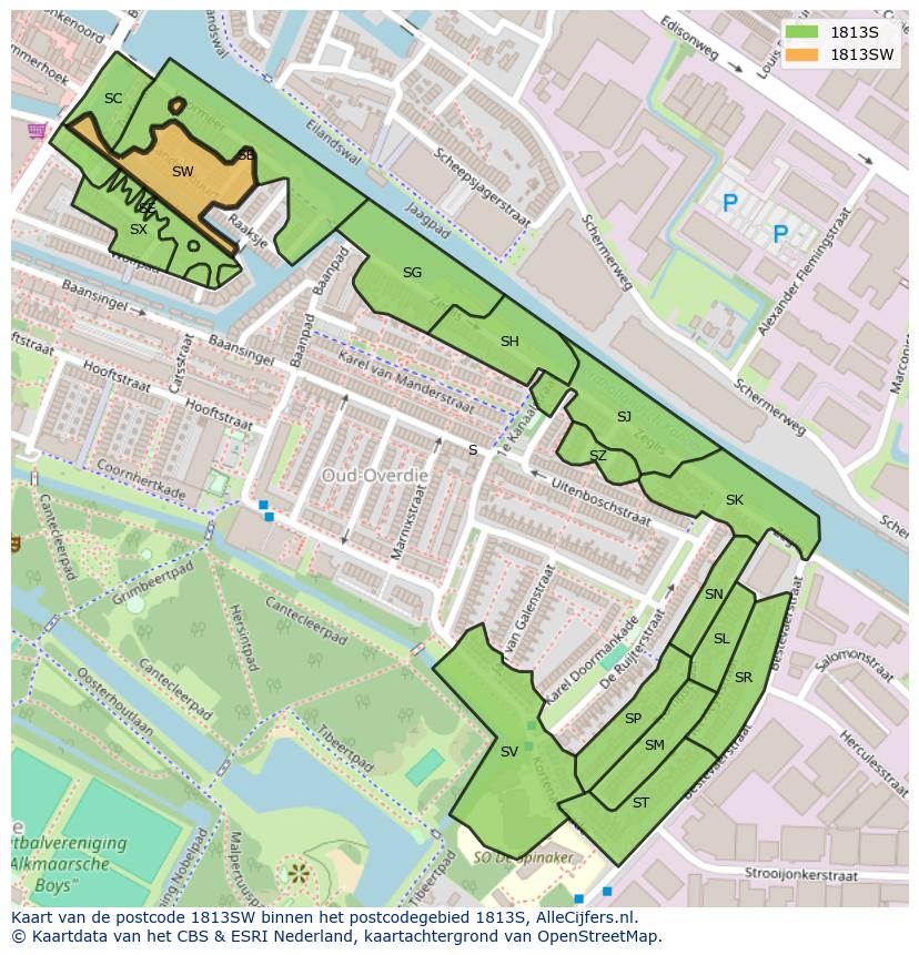Afbeelding van het postcodegebied 1813 SW op de kaart.