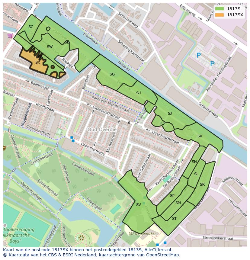 Afbeelding van het postcodegebied 1813 SX op de kaart.