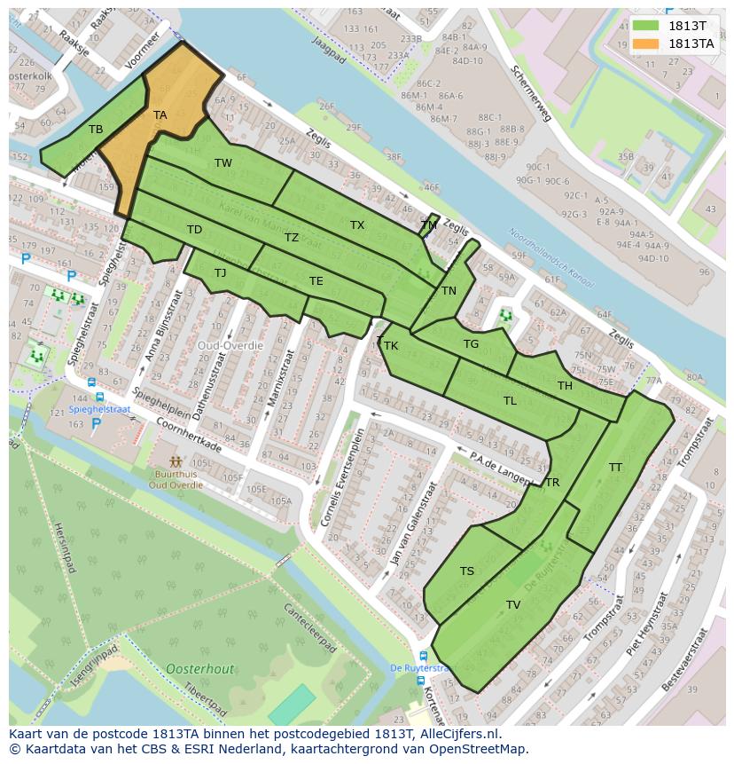Afbeelding van het postcodegebied 1813 TA op de kaart.