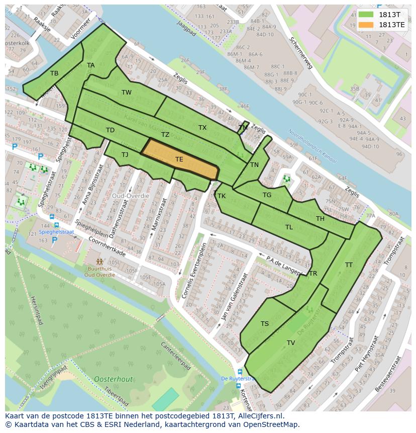 Afbeelding van het postcodegebied 1813 TE op de kaart.