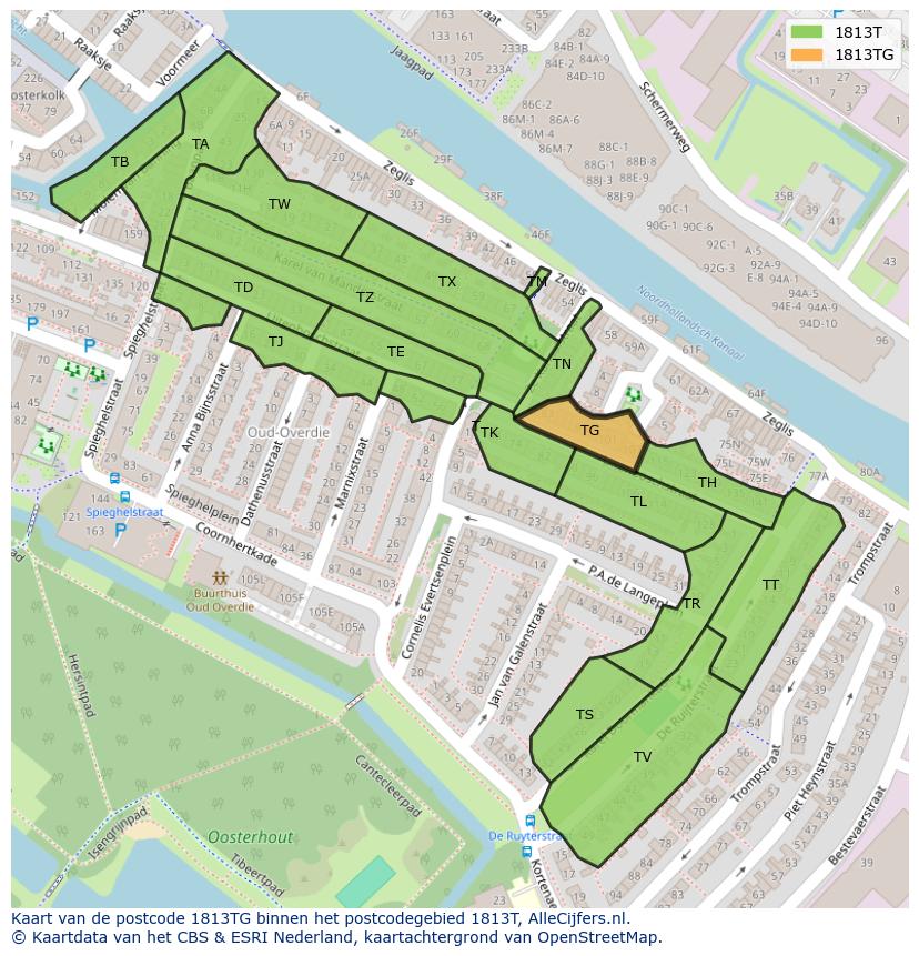 Afbeelding van het postcodegebied 1813 TG op de kaart.