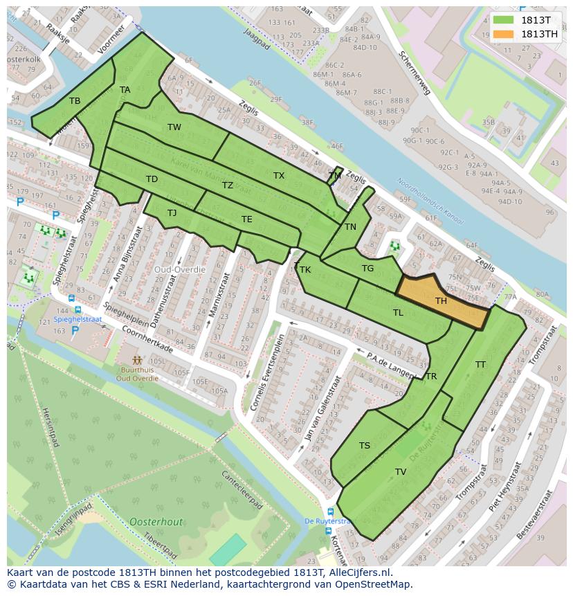 Afbeelding van het postcodegebied 1813 TH op de kaart.