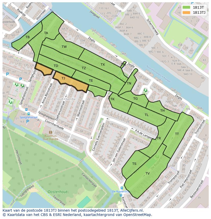 Afbeelding van het postcodegebied 1813 TJ op de kaart.