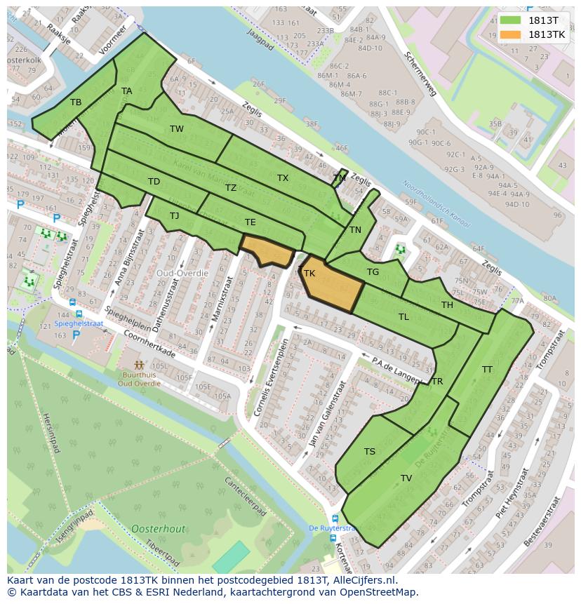 Afbeelding van het postcodegebied 1813 TK op de kaart.