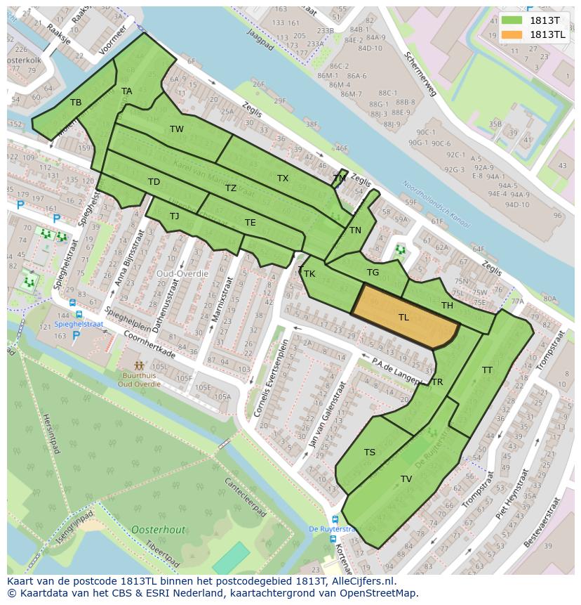Afbeelding van het postcodegebied 1813 TL op de kaart.