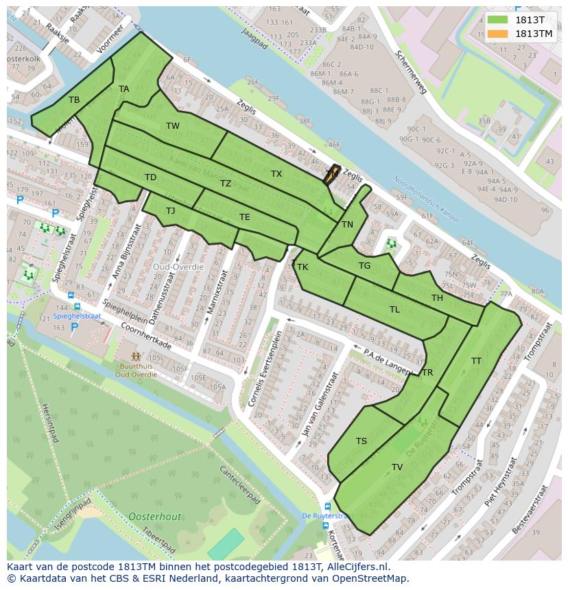 Afbeelding van het postcodegebied 1813 TM op de kaart.