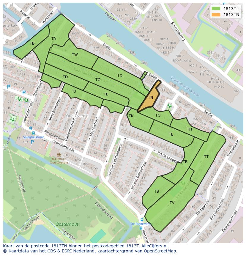 Afbeelding van het postcodegebied 1813 TN op de kaart.