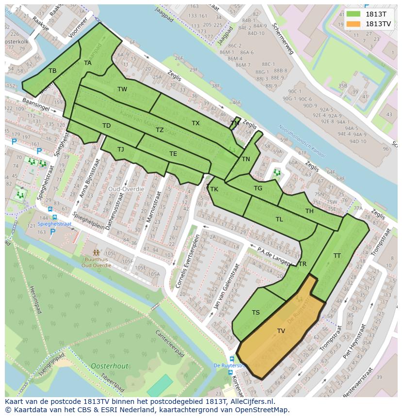 Afbeelding van het postcodegebied 1813 TV op de kaart.