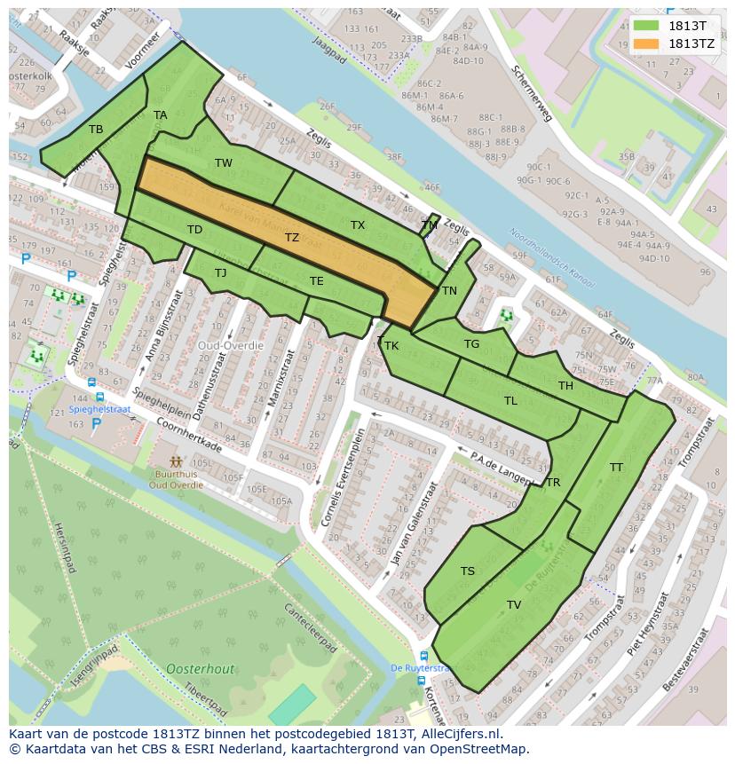 Afbeelding van het postcodegebied 1813 TZ op de kaart.