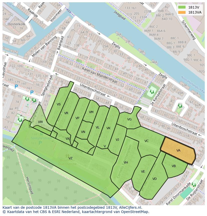 Afbeelding van het postcodegebied 1813 VA op de kaart.