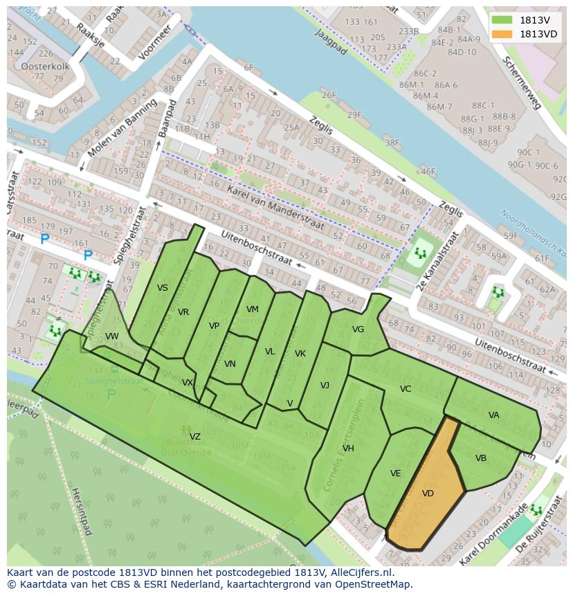Afbeelding van het postcodegebied 1813 VD op de kaart.
