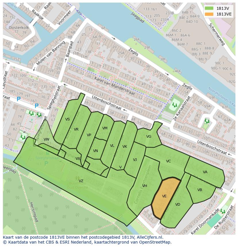 Afbeelding van het postcodegebied 1813 VE op de kaart.