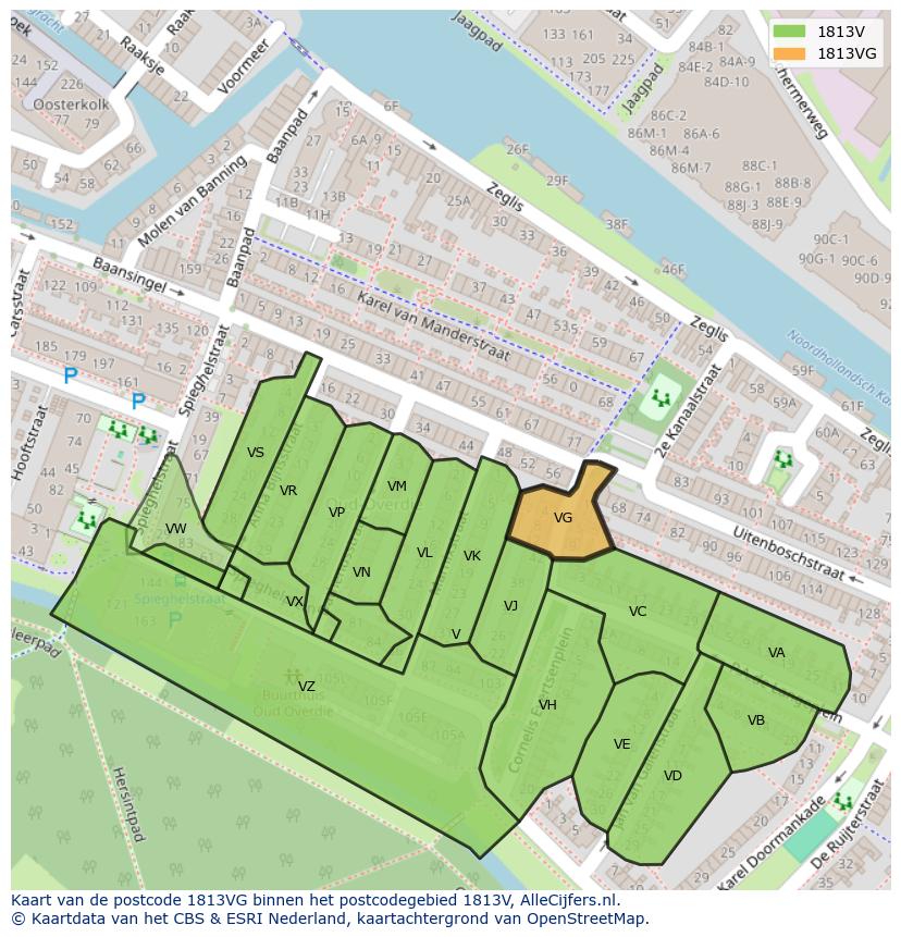 Afbeelding van het postcodegebied 1813 VG op de kaart.