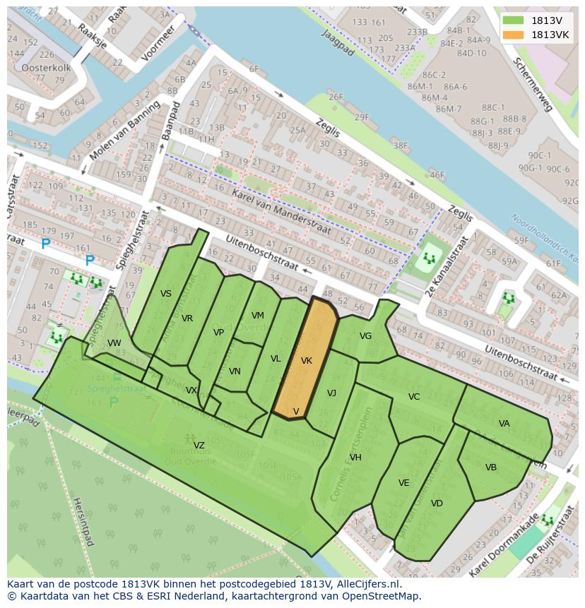 Afbeelding van het postcodegebied 1813 VK op de kaart.
