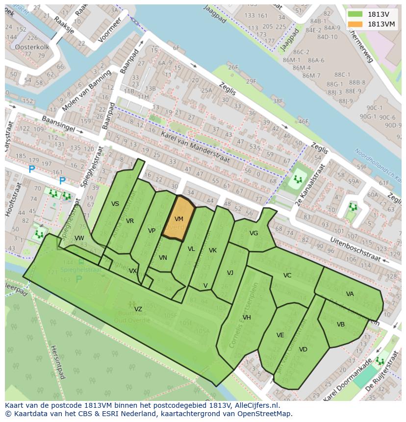 Afbeelding van het postcodegebied 1813 VM op de kaart.