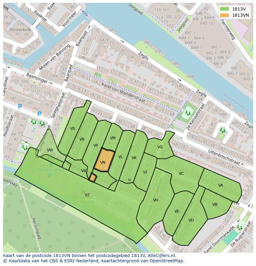 Afbeelding van het postcodegebied 1813 VN op de kaart.