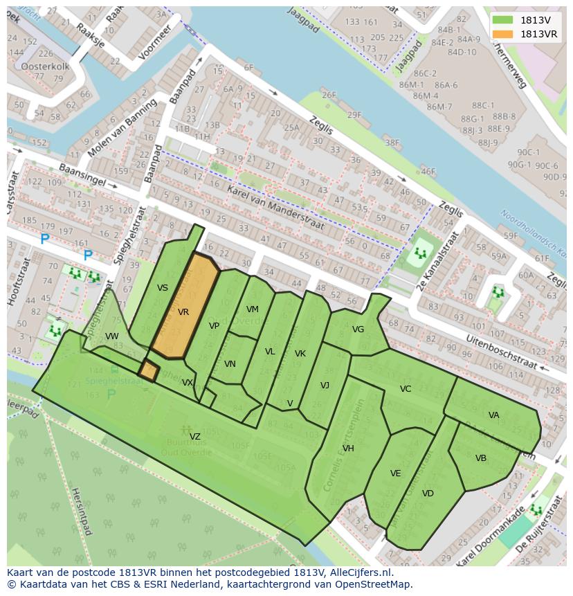 Afbeelding van het postcodegebied 1813 VR op de kaart.