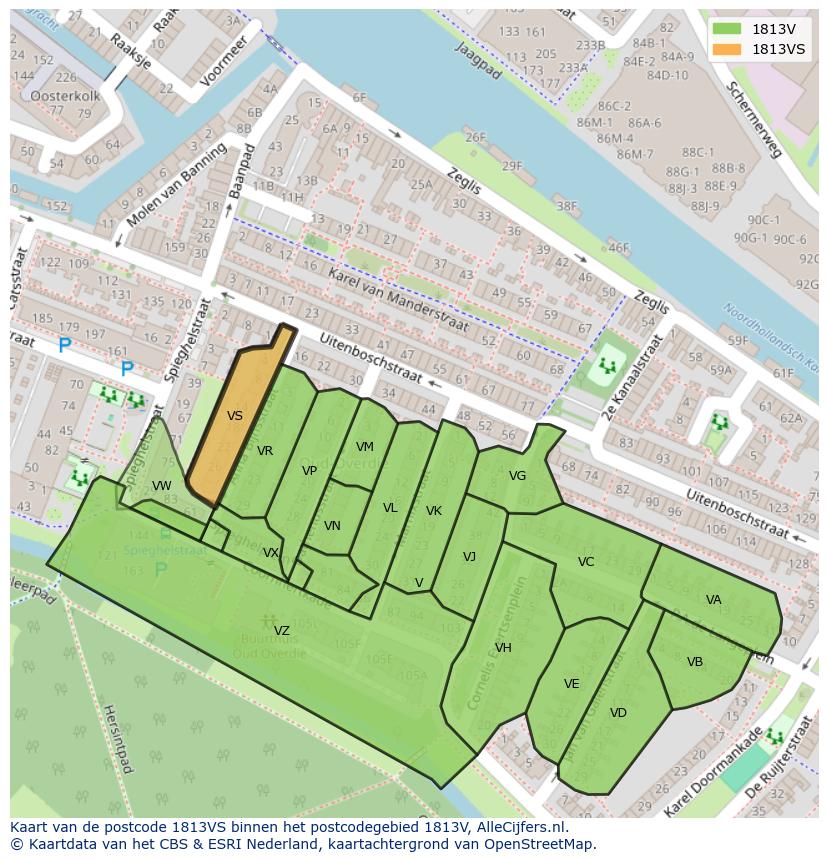 Afbeelding van het postcodegebied 1813 VS op de kaart.