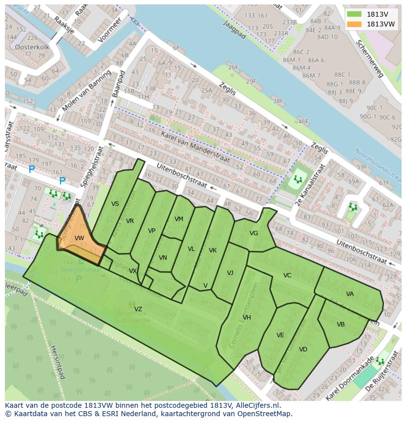 Afbeelding van het postcodegebied 1813 VW op de kaart.