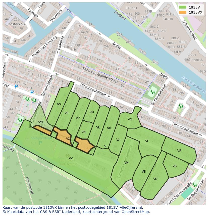 Afbeelding van het postcodegebied 1813 VX op de kaart.