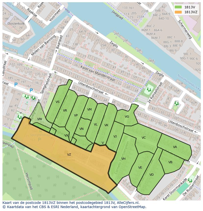 Afbeelding van het postcodegebied 1813 VZ op de kaart.