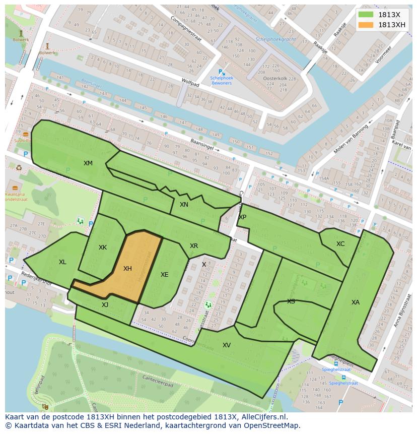 Afbeelding van het postcodegebied 1813 XH op de kaart.
