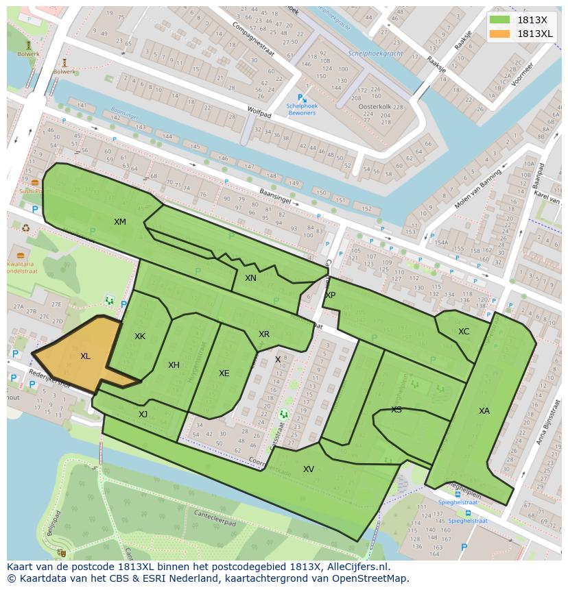 Afbeelding van het postcodegebied 1813 XL op de kaart.