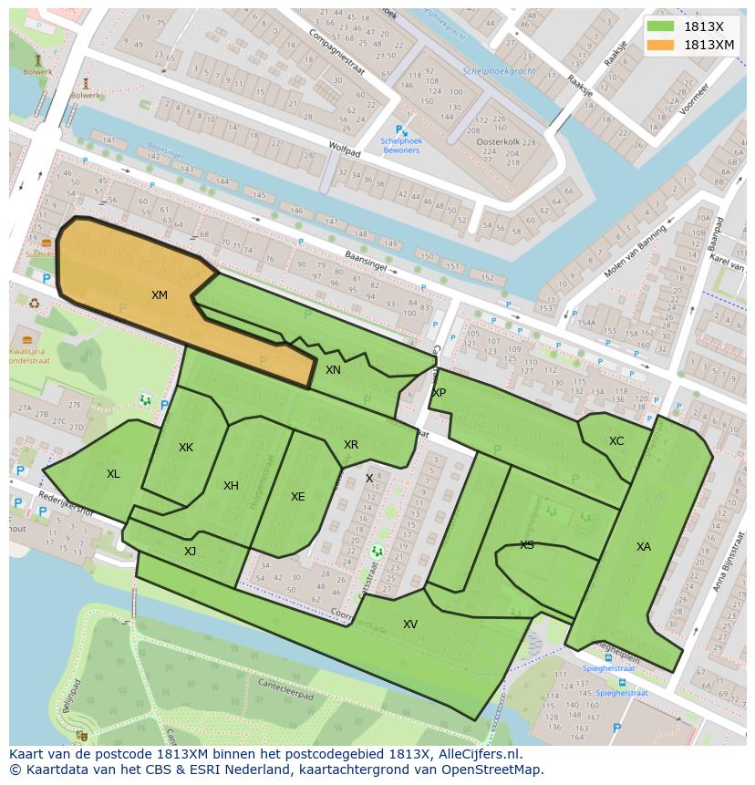 Afbeelding van het postcodegebied 1813 XM op de kaart.