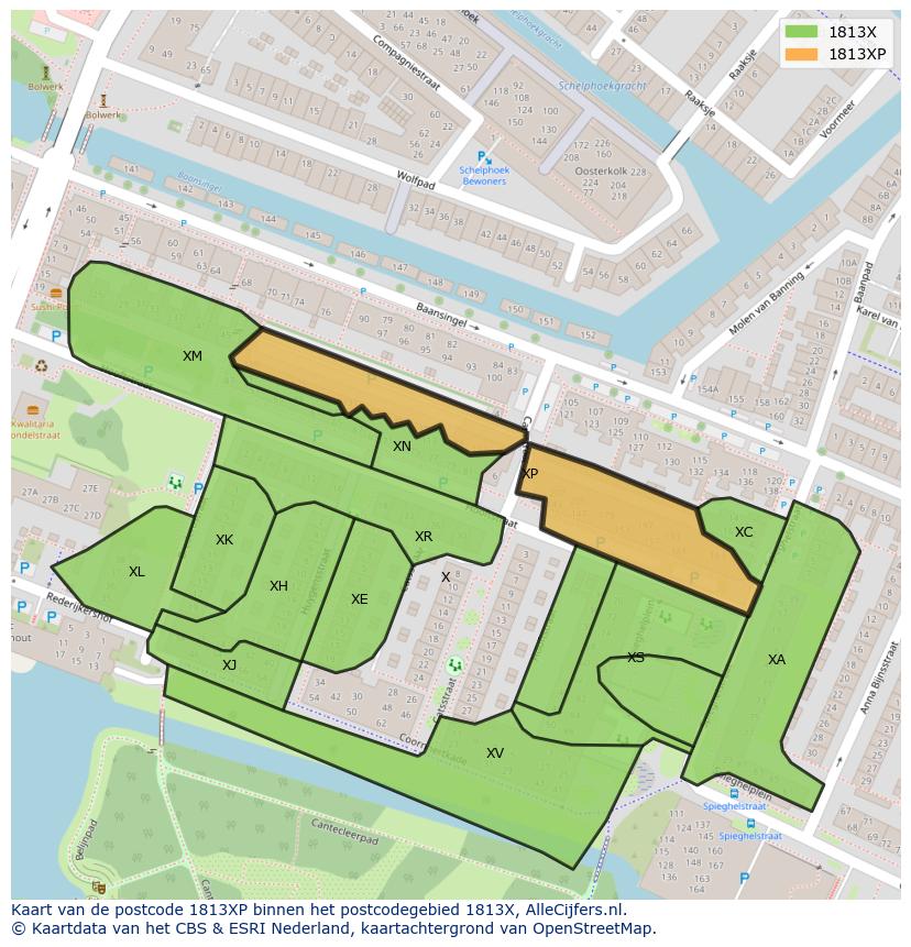 Afbeelding van het postcodegebied 1813 XP op de kaart.