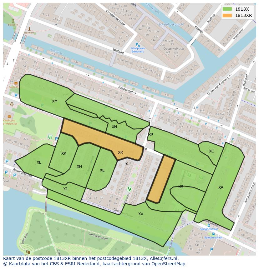 Afbeelding van het postcodegebied 1813 XR op de kaart.