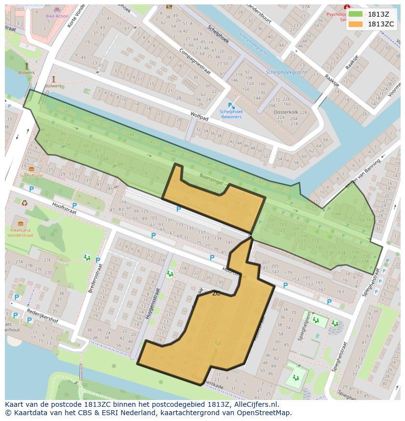 Afbeelding van het postcodegebied 1813 ZC op de kaart.