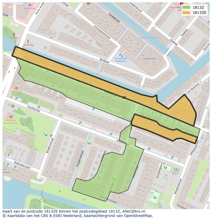 Afbeelding van het postcodegebied 1813 ZE op de kaart.
