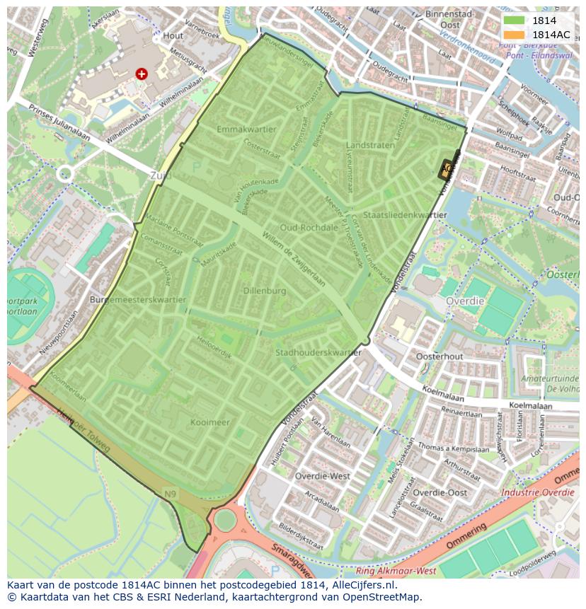 Afbeelding van het postcodegebied 1814 AC op de kaart.