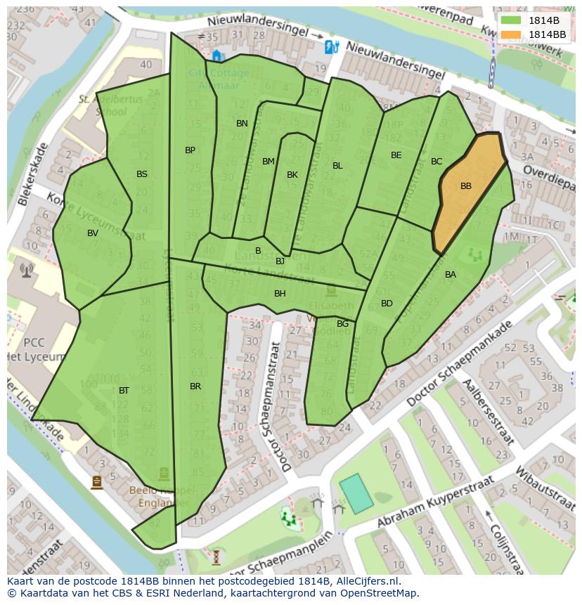 Afbeelding van het postcodegebied 1814 BB op de kaart.