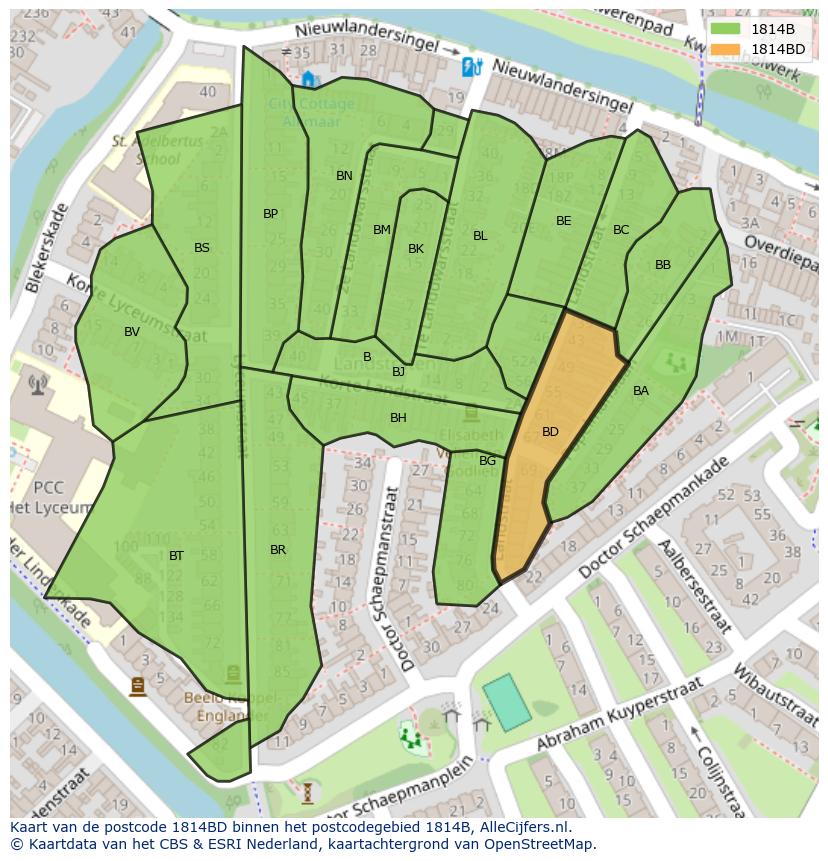 Afbeelding van het postcodegebied 1814 BD op de kaart.