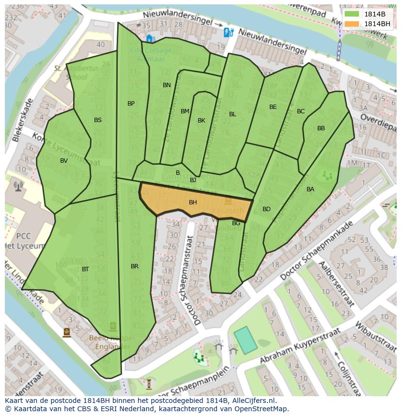 Afbeelding van het postcodegebied 1814 BH op de kaart.