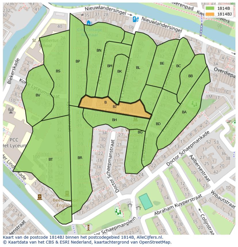 Afbeelding van het postcodegebied 1814 BJ op de kaart.
