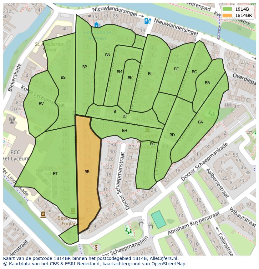 Afbeelding van het postcodegebied 1814 BR op de kaart.