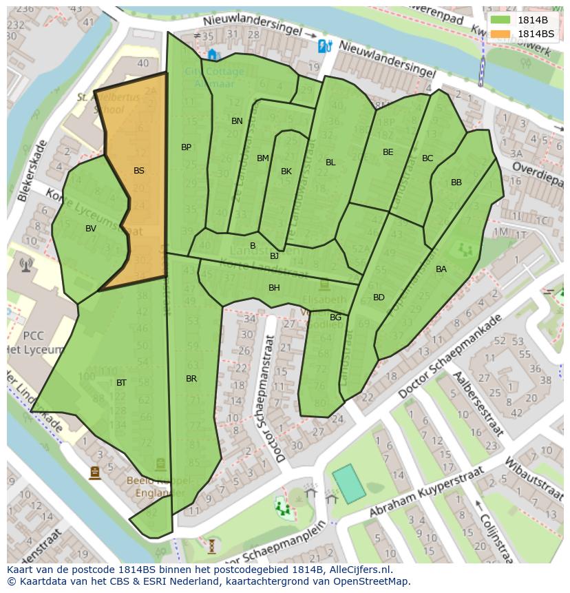 Afbeelding van het postcodegebied 1814 BS op de kaart.