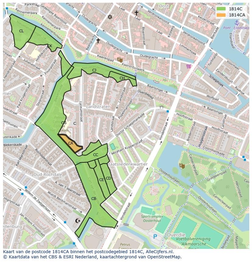Afbeelding van het postcodegebied 1814 CA op de kaart.