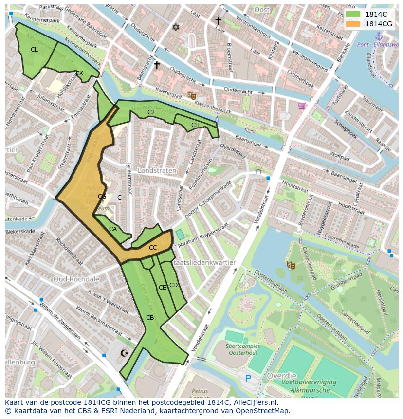 Afbeelding van het postcodegebied 1814 CG op de kaart.
