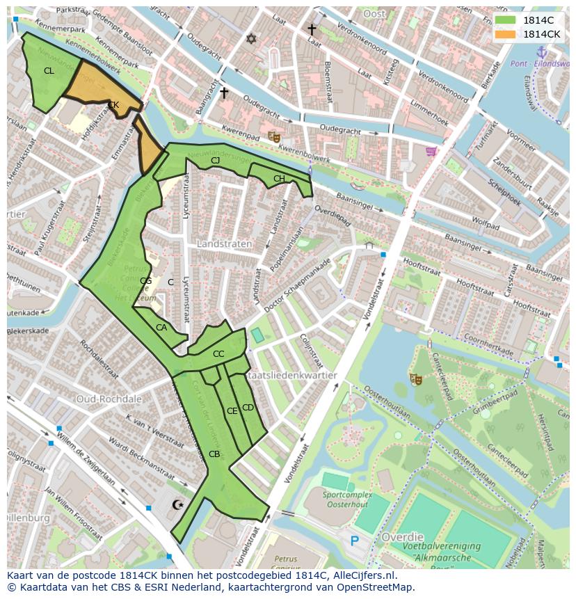 Afbeelding van het postcodegebied 1814 CK op de kaart.