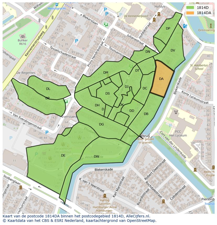 Afbeelding van het postcodegebied 1814 DA op de kaart.