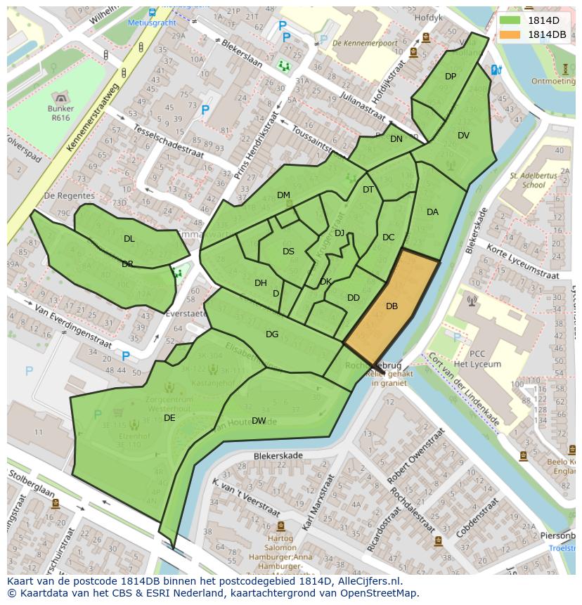 Afbeelding van het postcodegebied 1814 DB op de kaart.
