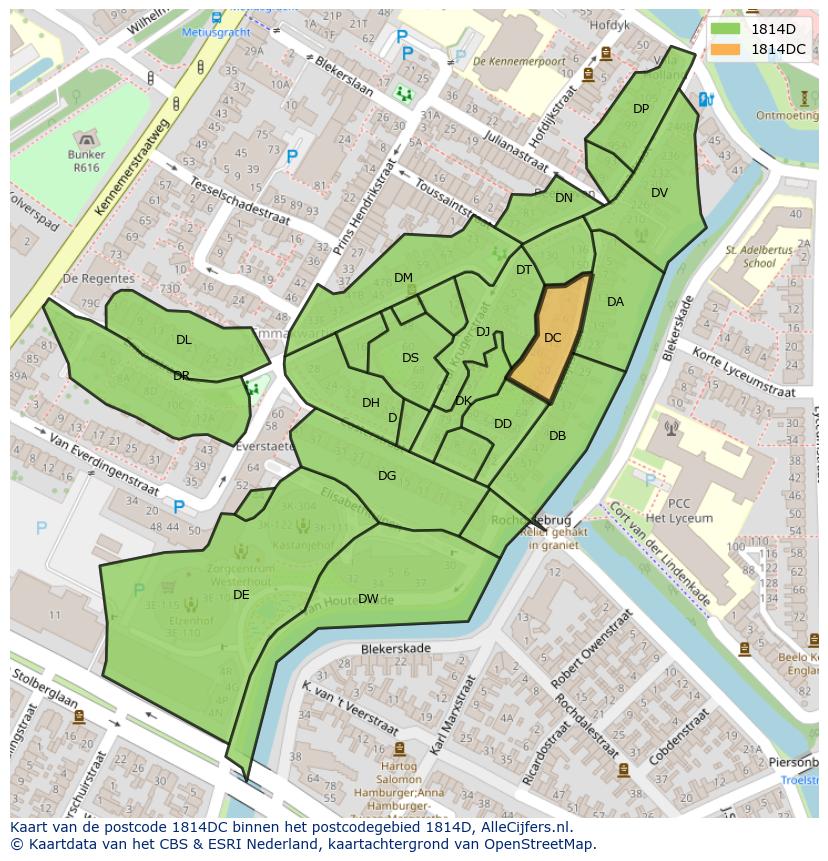 Afbeelding van het postcodegebied 1814 DC op de kaart.