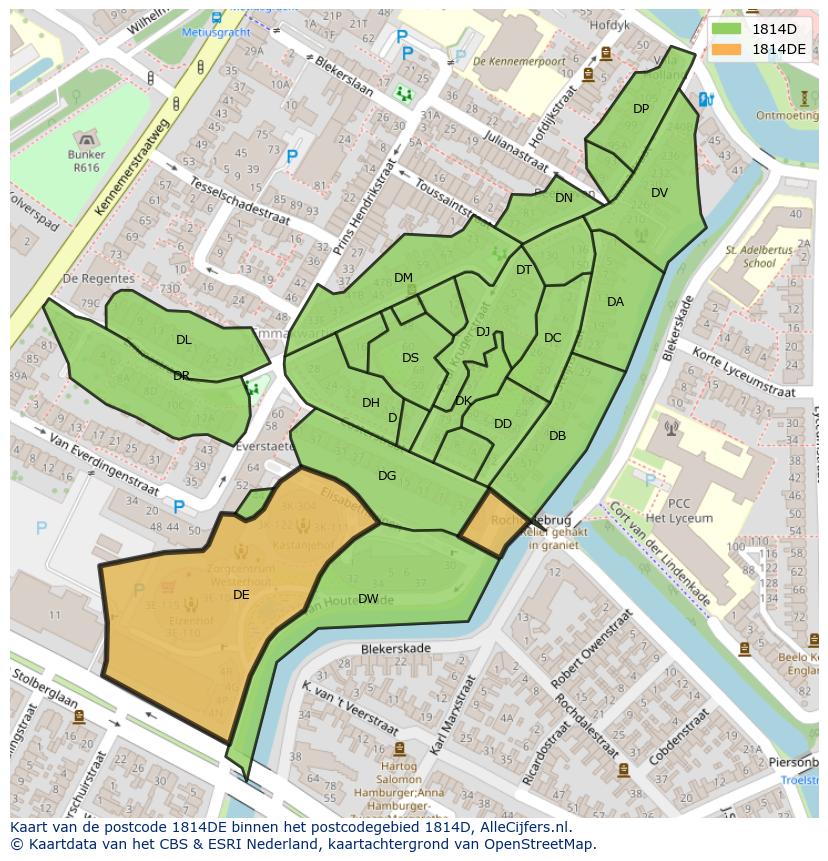 Afbeelding van het postcodegebied 1814 DE op de kaart.